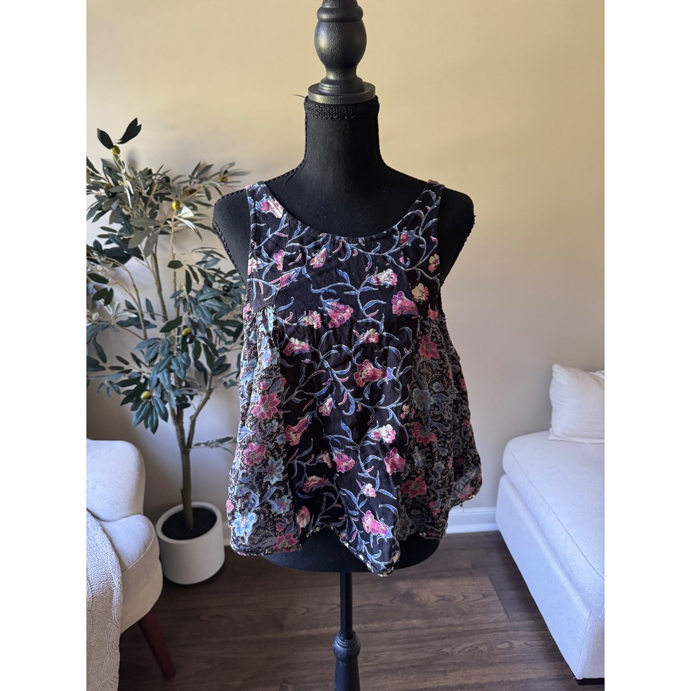 Ecote Womens Medium Floral Print Sleeveless Scoop Back Boho Tank Top Black Multi